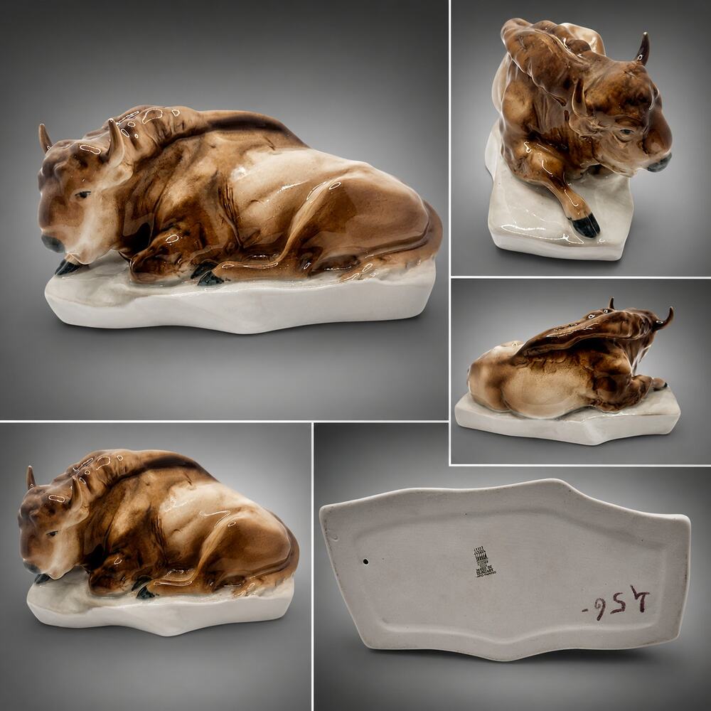 Zsolnay Pecs Hungary Hand Painted Porcelain Resting Buffalo Bison Bull Figurine